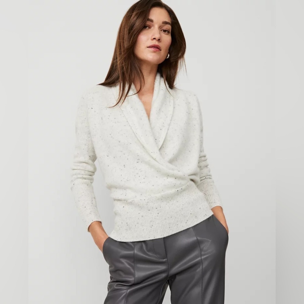 Ann Taylor Cashmere Shawl Collar Wrap Sweater Speckled Cream Small